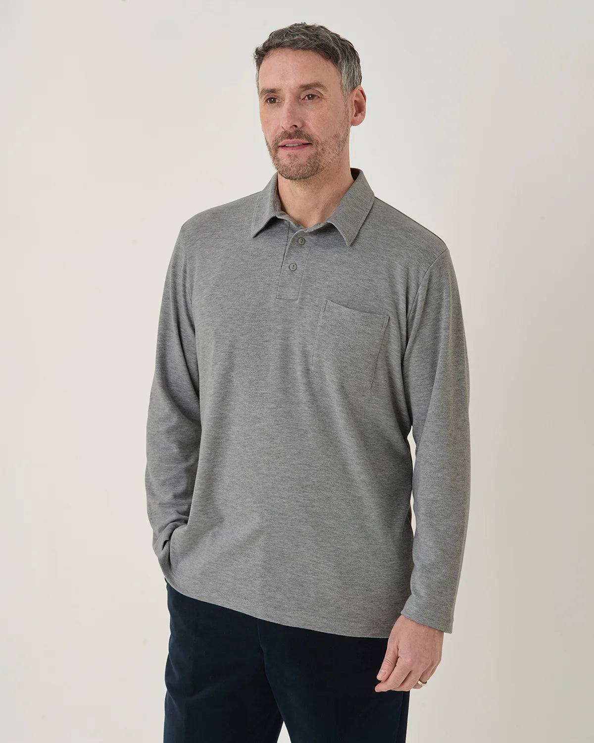 Pure Cotton Jersey Long Sleeved Polo Top - Grey Marl