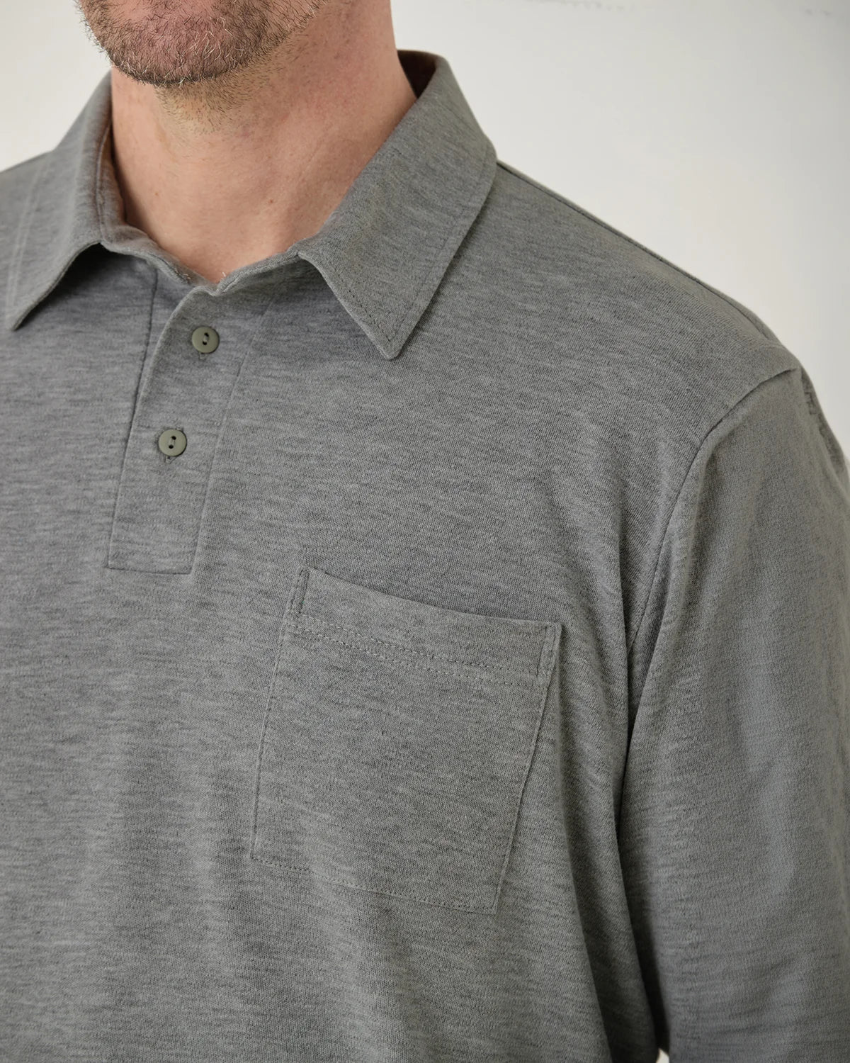 Pure Cotton Jersey Long Sleeved Polo Top - Grey Marl