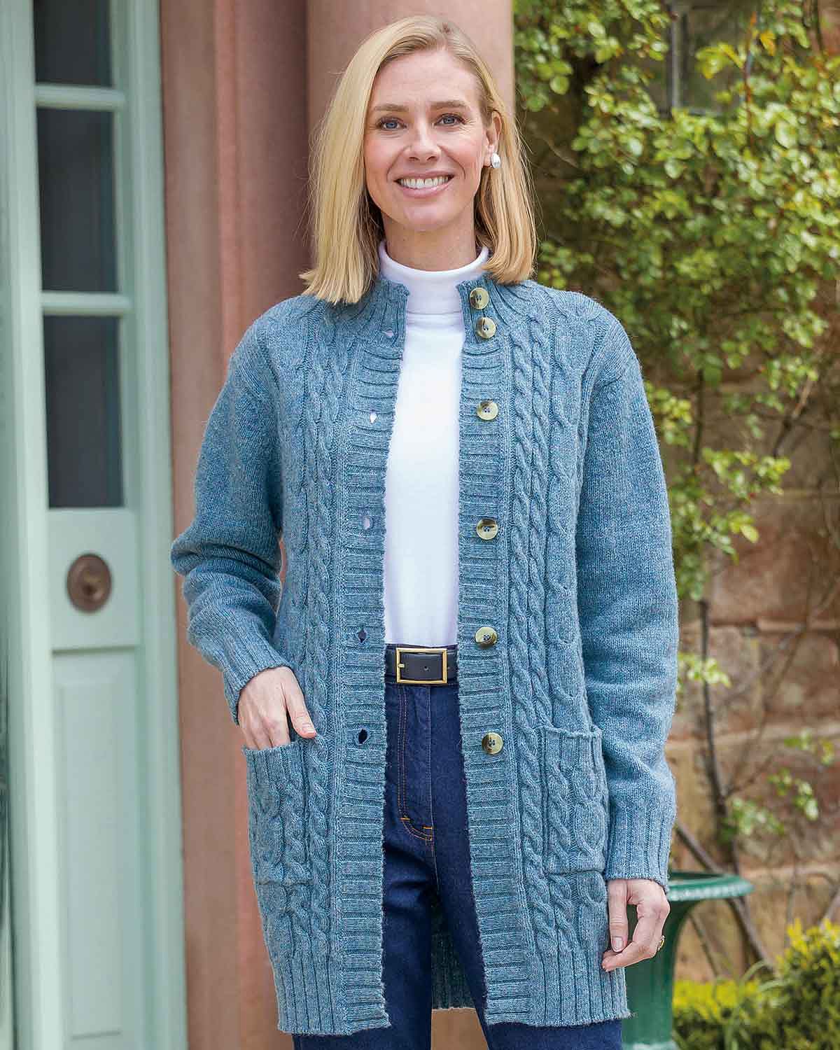 Elsie Longline Pure Shetland Wool Cable Cardigan - Chambray - Country Collection