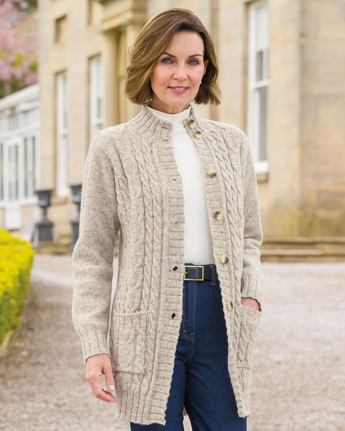 Elsie Longline Pure Shetland Wool Cable Cardigan - Natural - Country Collection