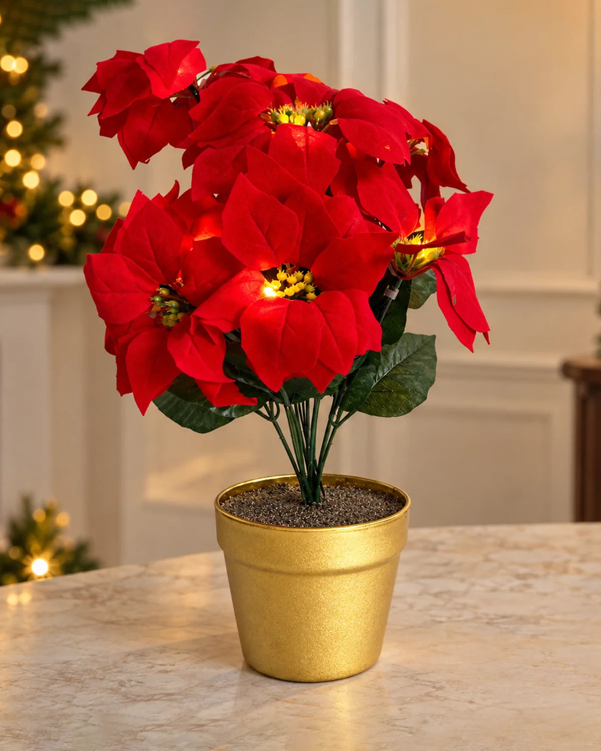 LED Poinsettia Plant with 10 Warm White Lights – Gold Pot