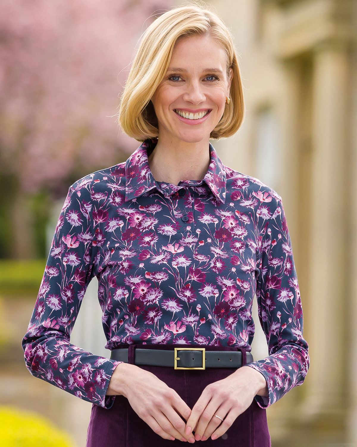 Charlotte Patterned Silky Cotton Long Sleeve Polo Top - Country Collection