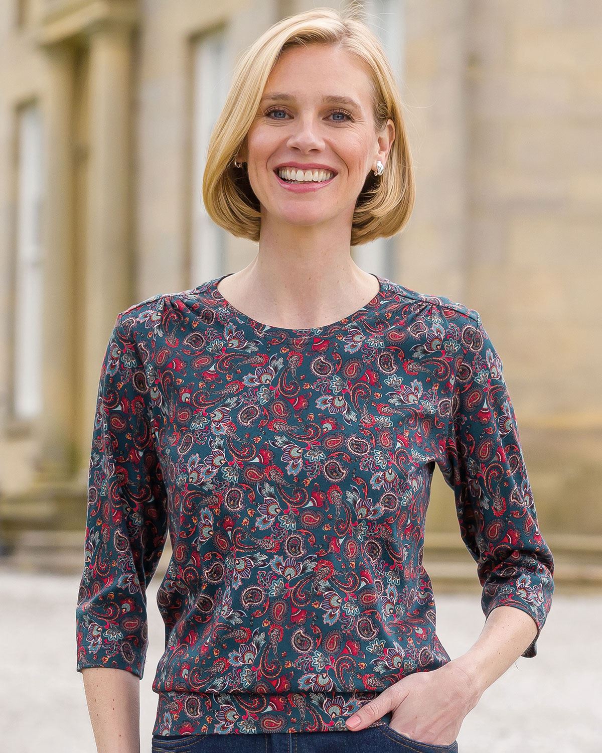 Rachel Patterned Cotton 3/4 Sleeve Blouson Top - Country Collection