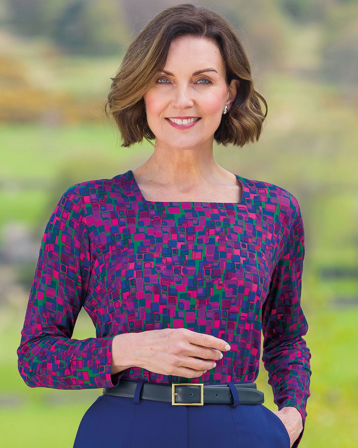 Athena Patterned Square Neck Long Sleeve Top - Country Collection
