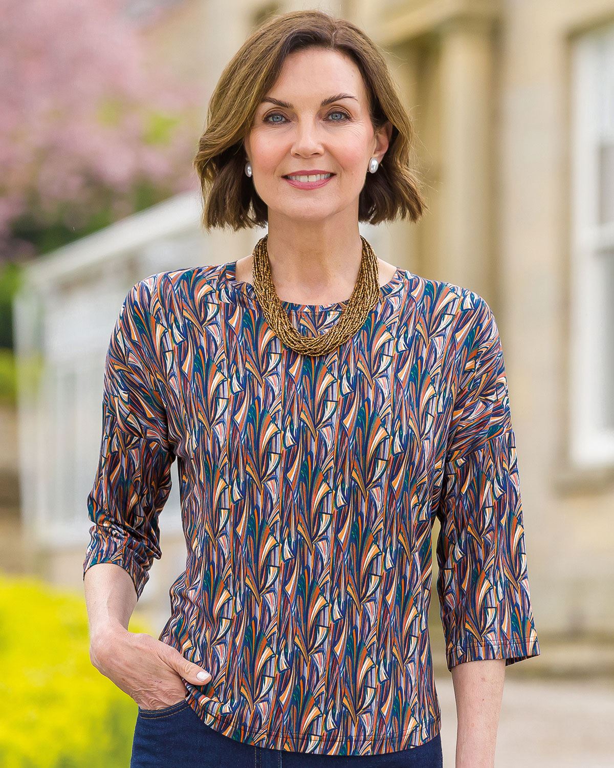 Faye Patterned Crew Neck Dolman Sleeve Top - Country Collection