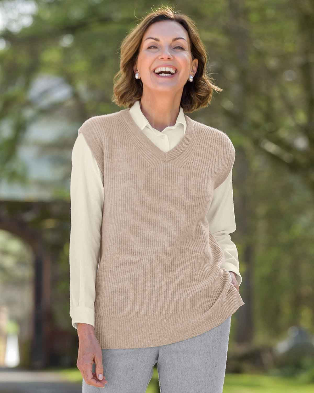 Ingrid V Neck Lambswool Tunic Slipover - Linen - Country Collection