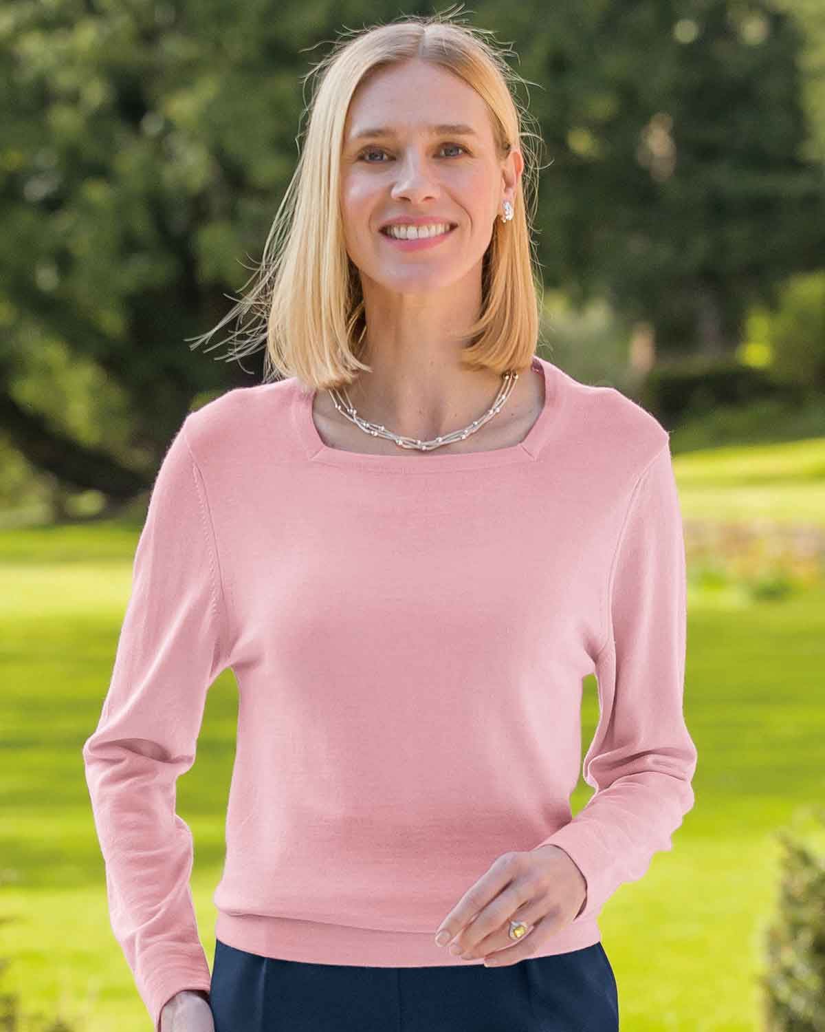 Merino Wool Mix Tessa Square Neck Sweater - Powder Pink - Country Collection