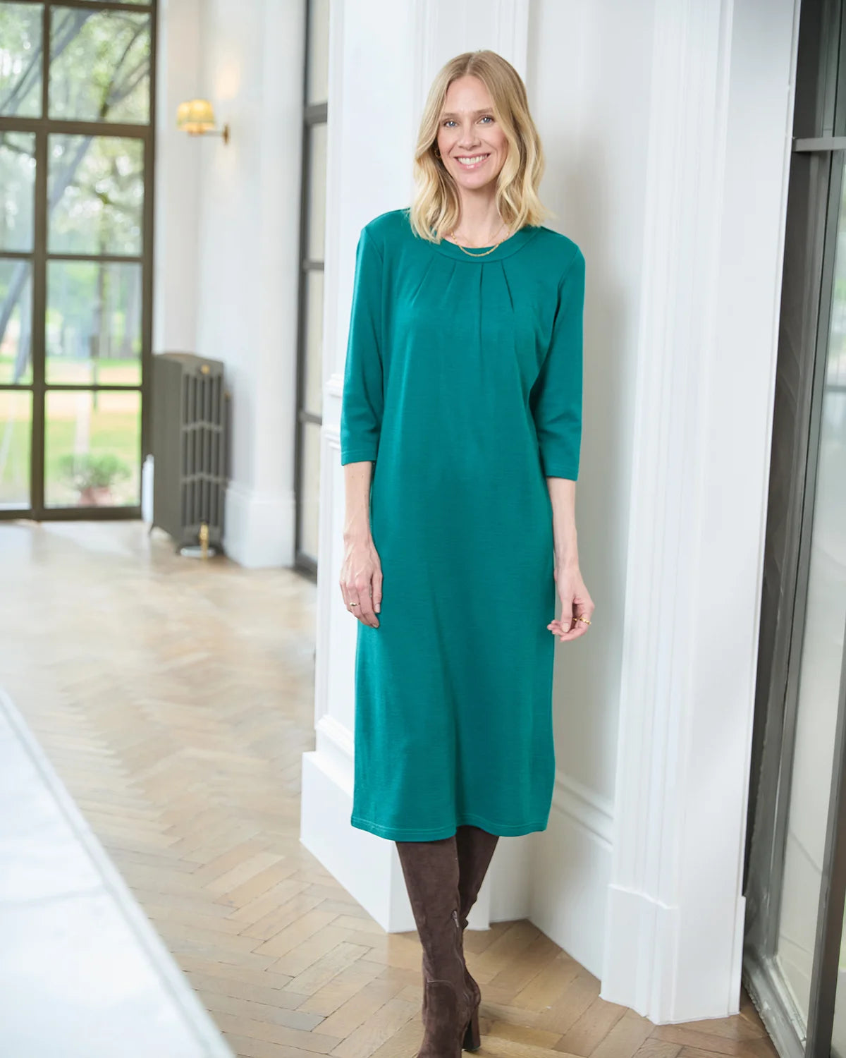 Isla Wool Blend Pull On 3/4 Sleeve Dress - Emerald