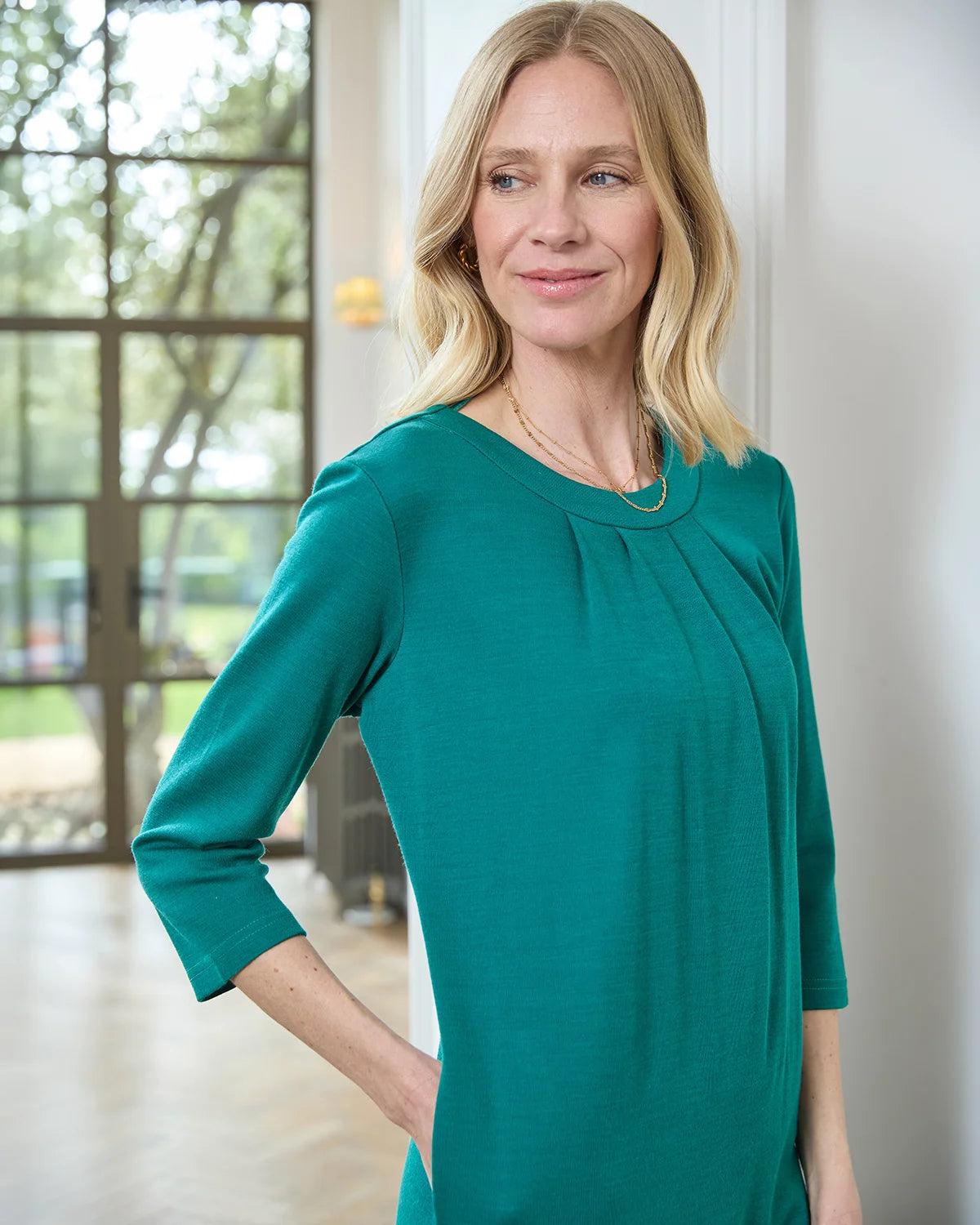 Isla Wool Blend Pull On 3/4 Sleeve Dress - Emerald