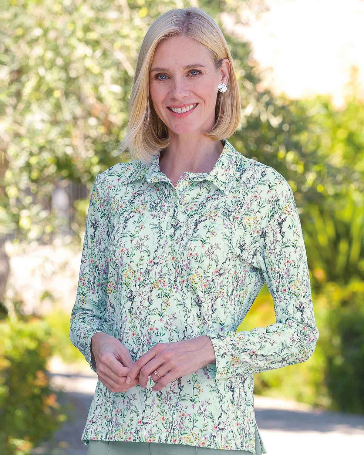 Merida Floral Cotton Long Sleeved Polo Top - Country Collection