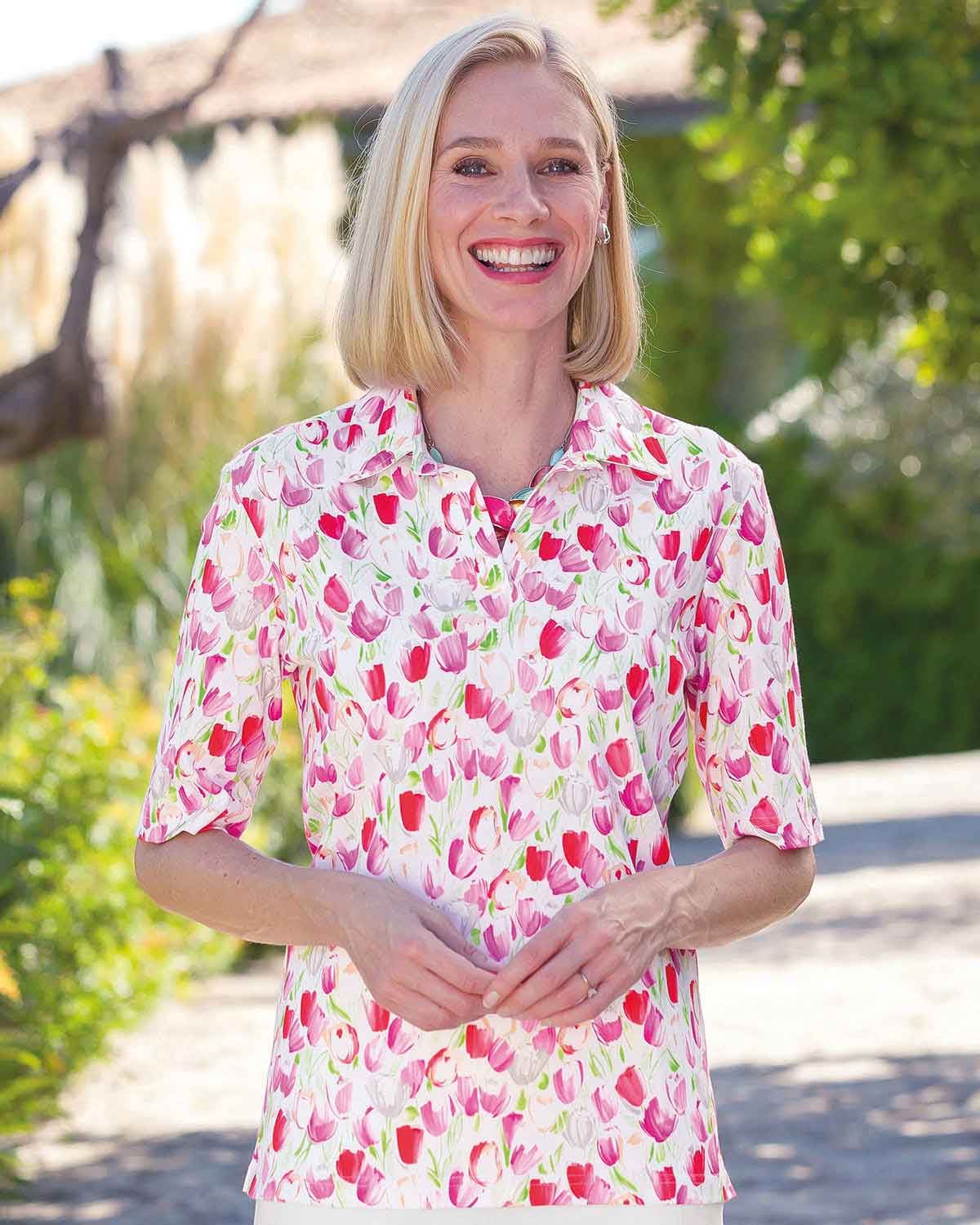 Flora Floral Cotton Short Sleeved Polo Top - Country Collection