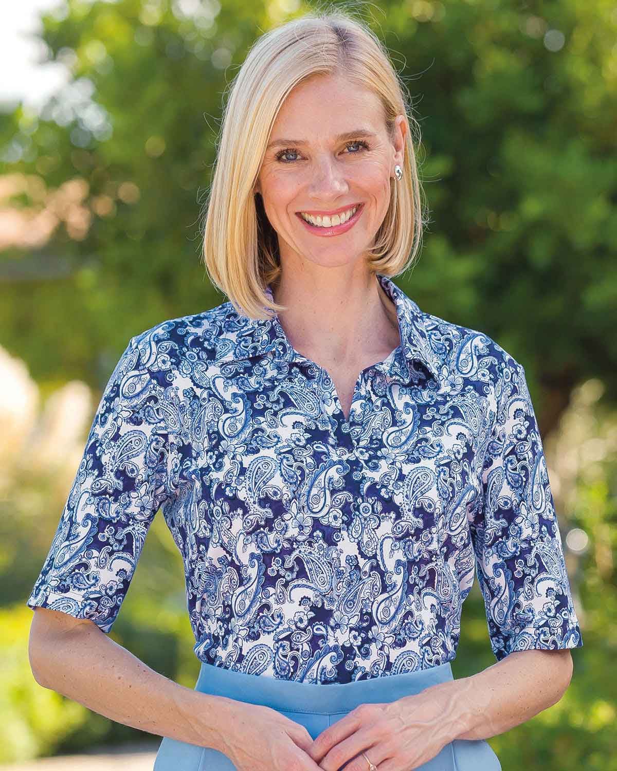 Sherrie Patterned Cotton Short Sleeved Polo Top - Country Collection