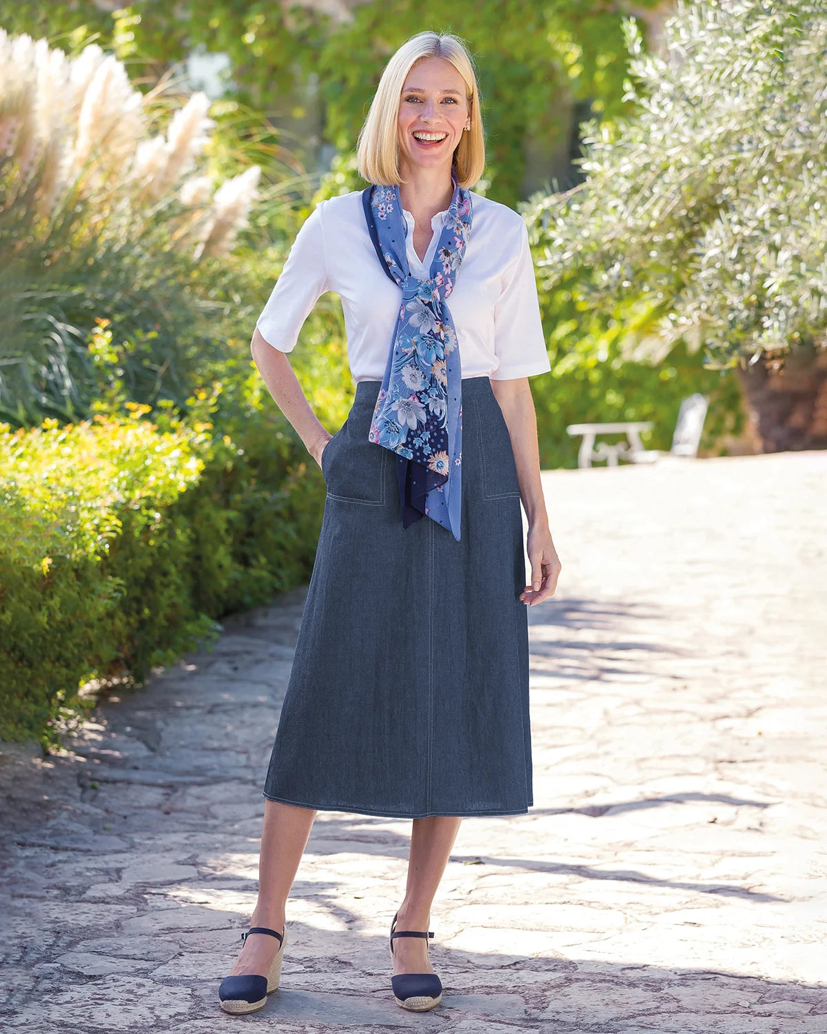 Ladies’ Tamara Pure Cotton A-Line Pull-On Skirt – Blue