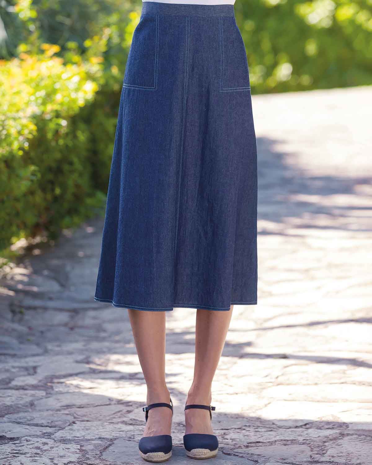 Tamara Pure Cotton A Line Pull On Skirt - Blue - Country Collection
