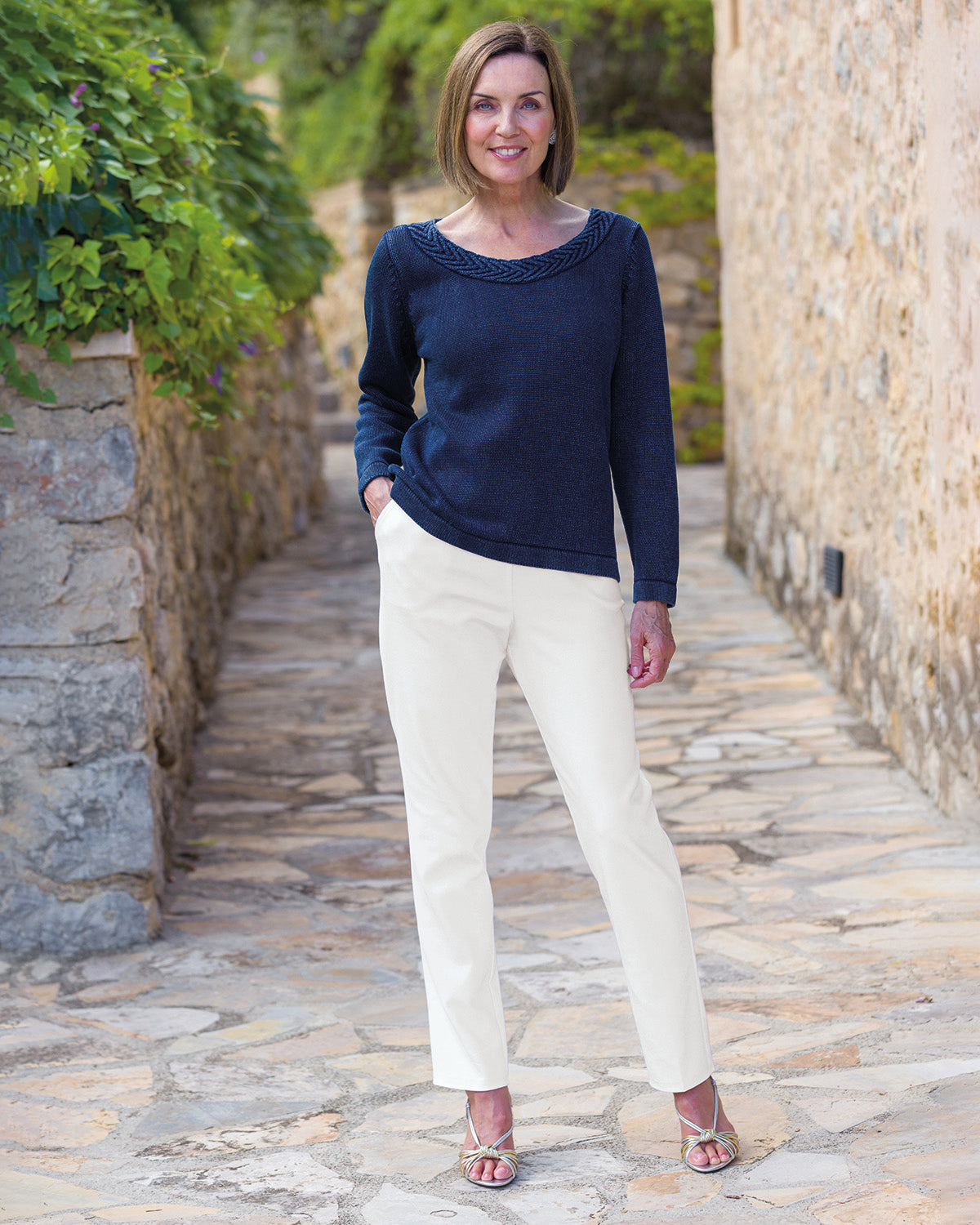 Ladies’ Easycare Cotton Mix Pull-On Trousers – White