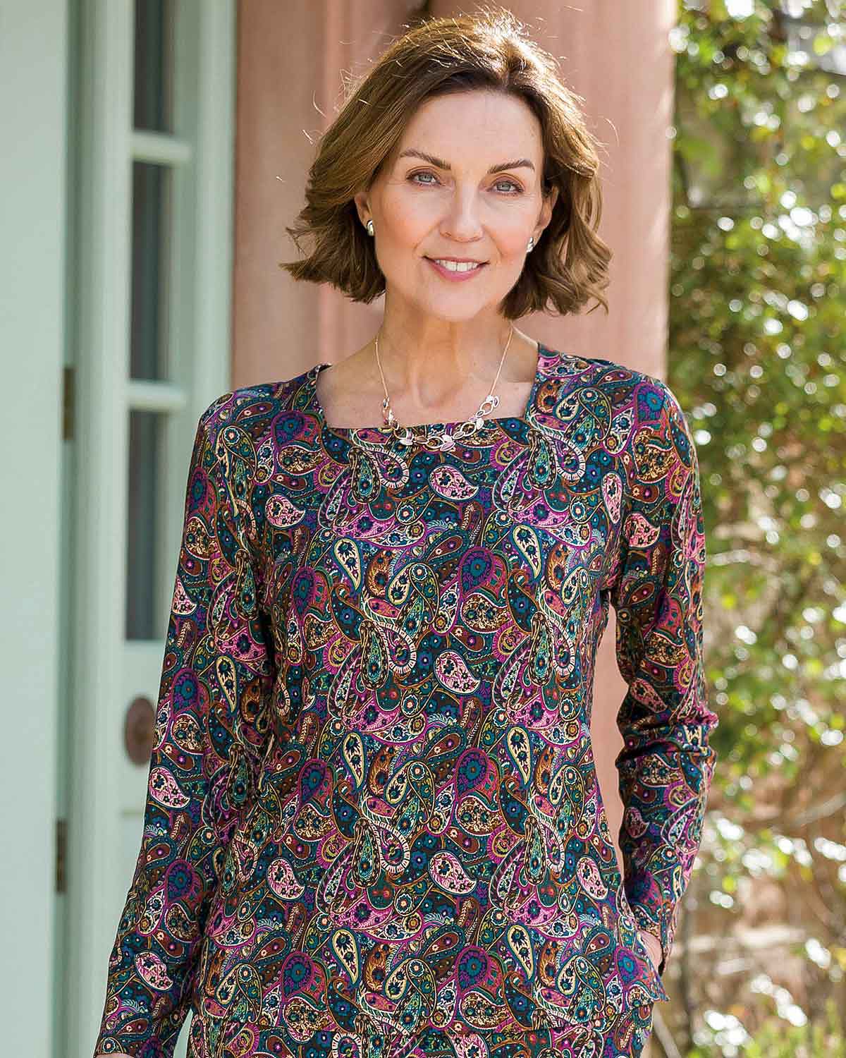Rosalyn Patterned Viscose Long Sleeve Square Neck Top - Image 2 - Country Collection
