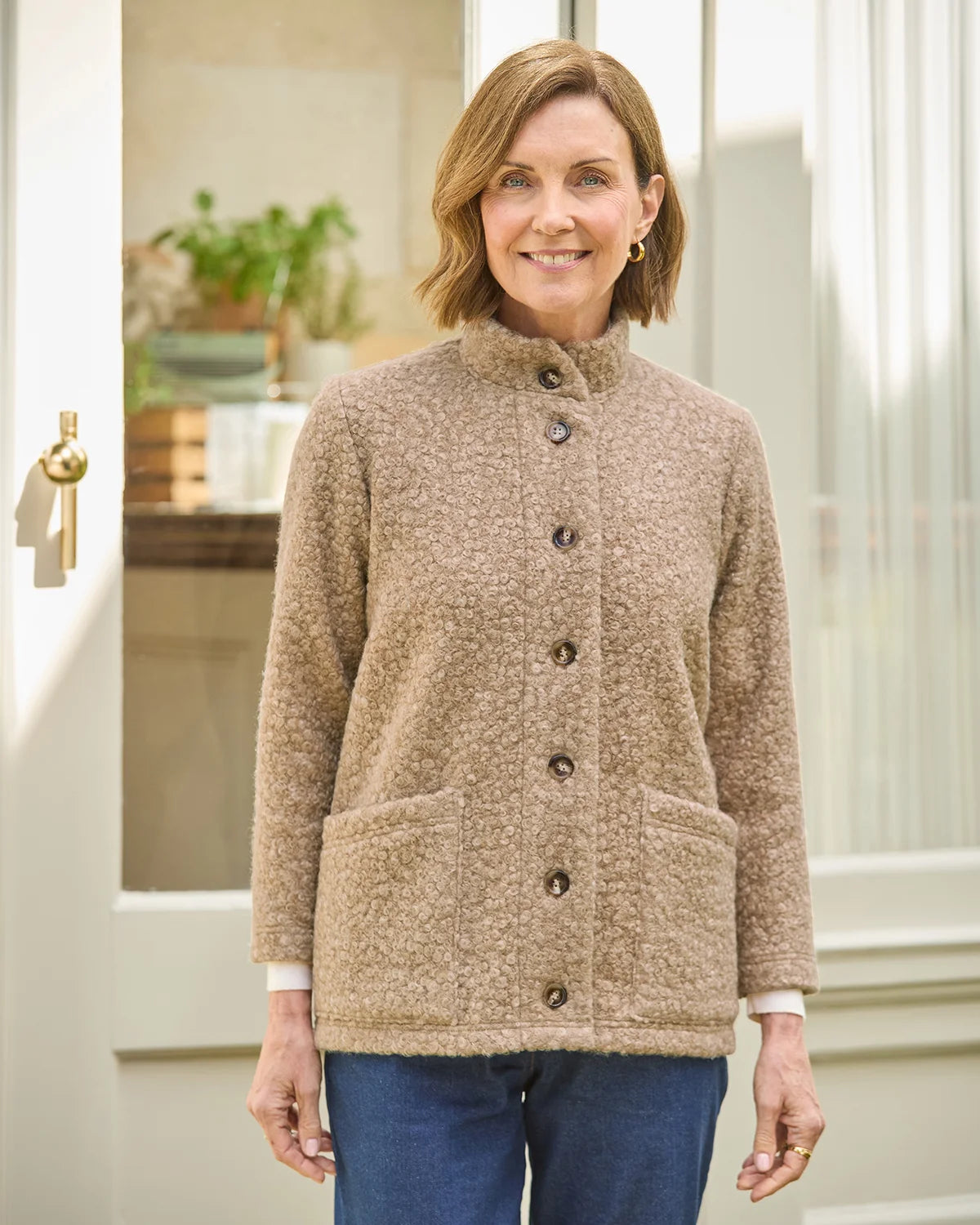 Judith Button Through Fleece Jacket - Camel