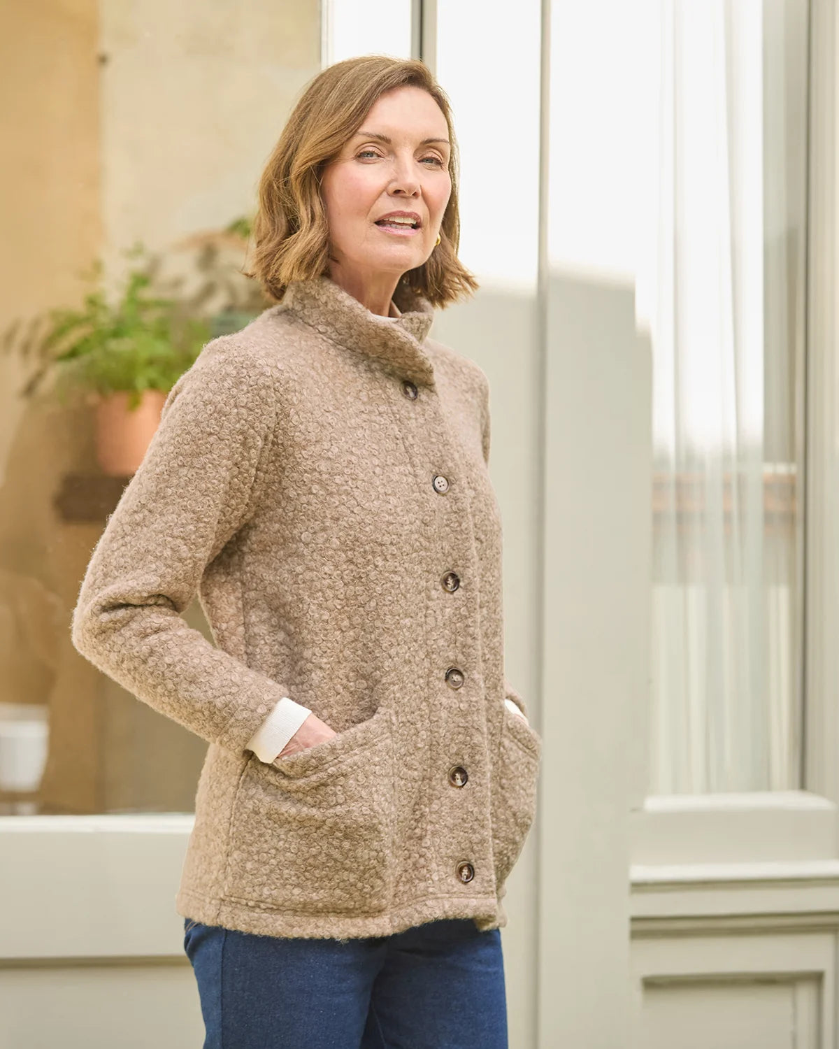 Judith Button Through Fleece Jacket - Camel
