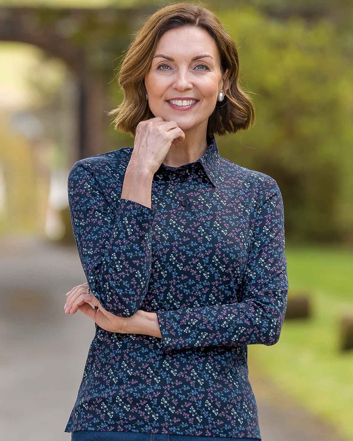 Freya Floral Cotton Long Sleeve Polo Top - Country Collection