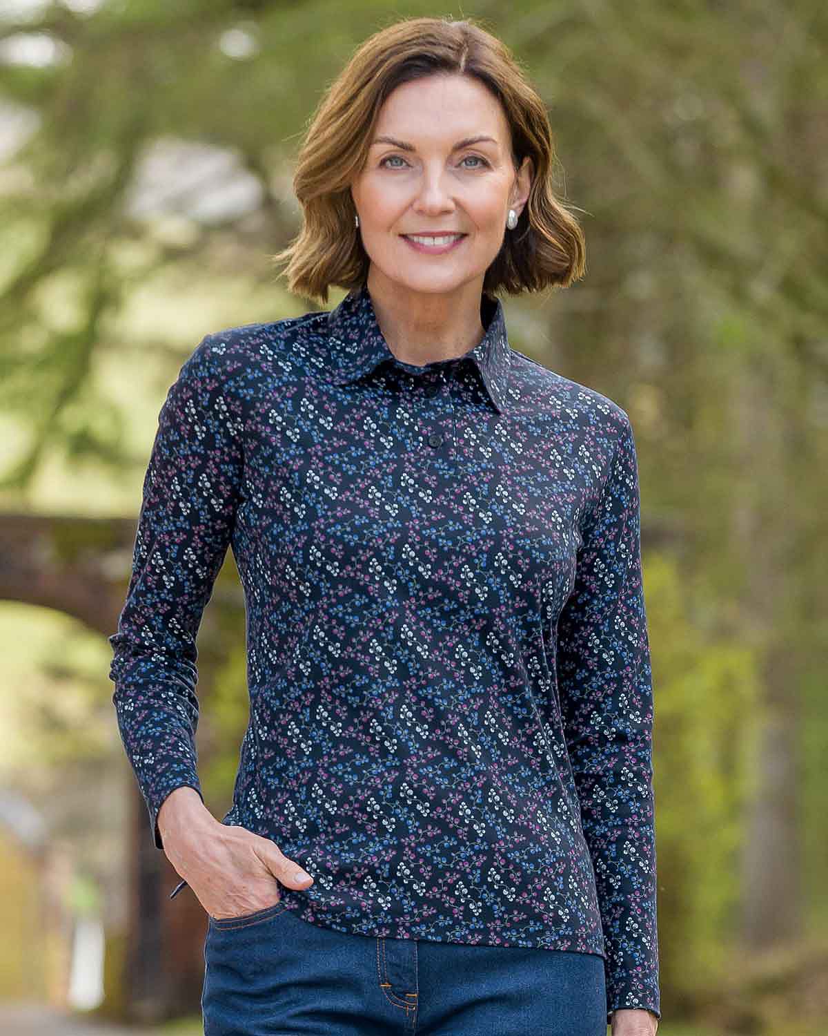 Freya Floral Cotton Long Sleeve Polo Top - Image 2 - Country Collection