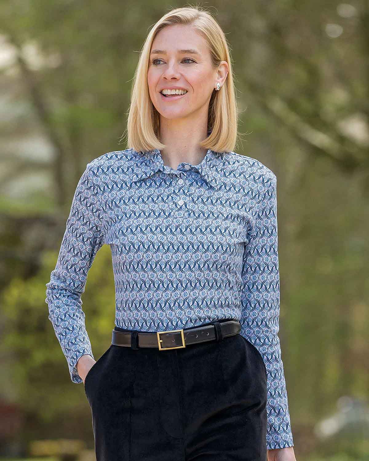 Imogen Patterned Cotton Long Sleeve Polo Top - Image 2 - Country Collection