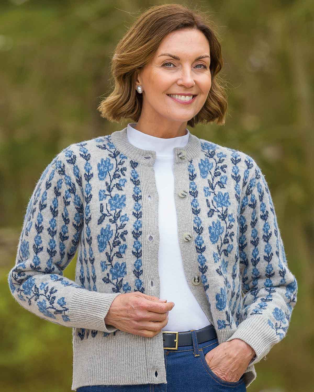 Melina Long Sleeved Floral Lambswool Cardigan - Grey - Country Collection