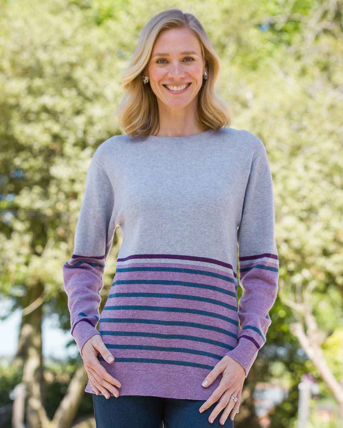 Edith Long Sleeved Striped Lambswool Jumper - Lilac,Grey - Country Collection