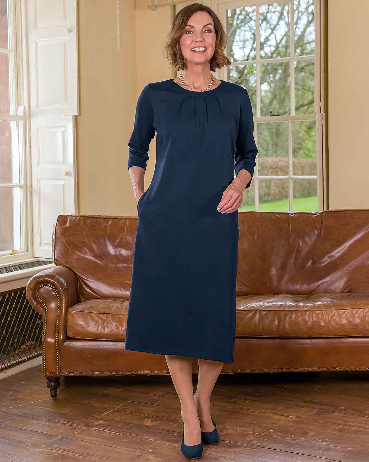 Isla Wool Blend Pull On 3/4 Sleeve Dress - Navy - Country Collection