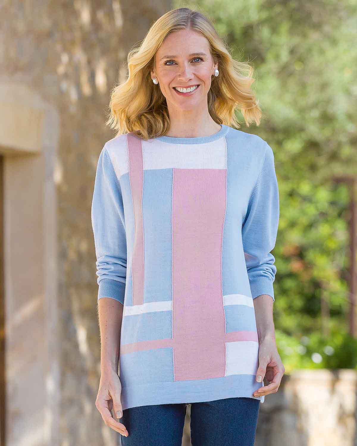 Meredith Colour Block Wool Mix Sweater - Blue,Pink,White - Country Collection