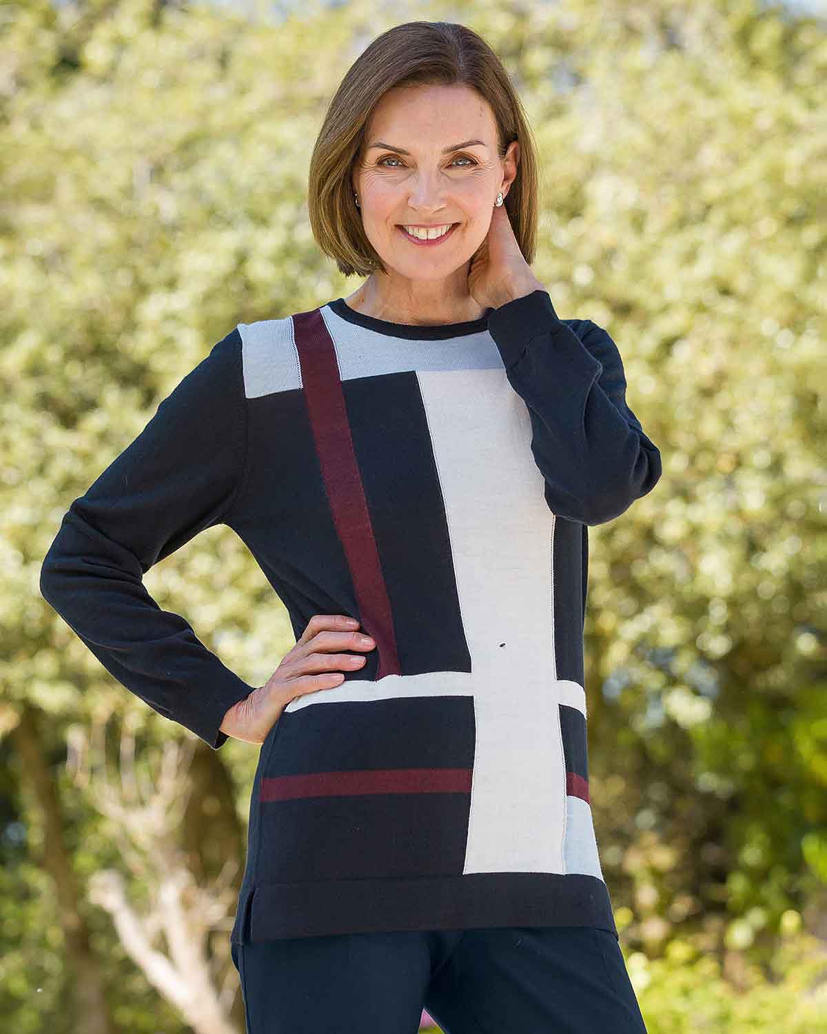 Meredith Colour Block Wool Mix Sweater - Navy - Country Collection