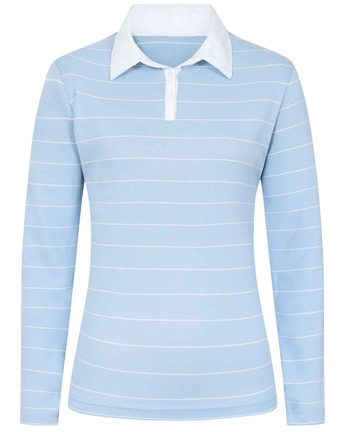 Sarah Pale Blue Striped Long Sleeve Cotton Polo Top - Image 3 - Country Collection