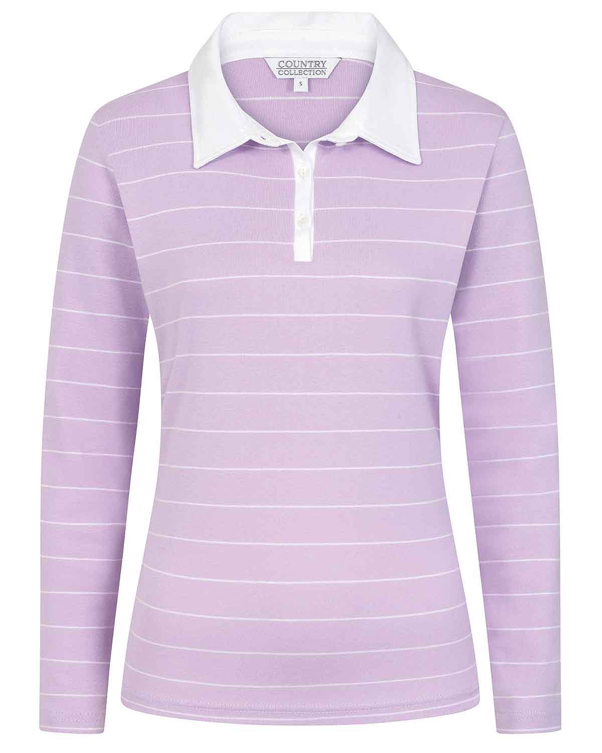 Sarah Lilac Striped Long Sleeve Cotton Polo Top - Image 3 - Country Collection