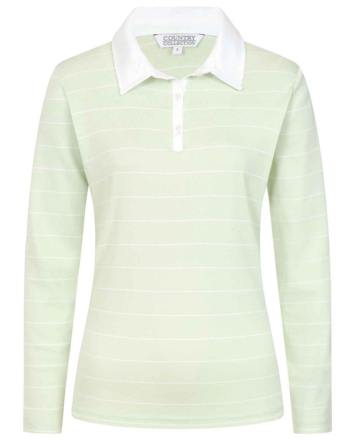 Sarah Mint Striped Long Sleeve Cotton Polo Top - Image 3 - Country Collection