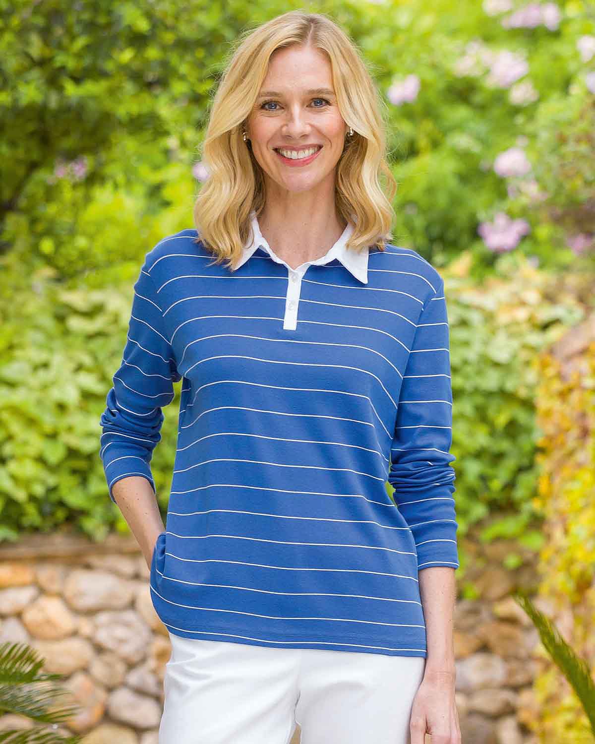 Sarah Striped Long Sleeve Cotton Polo Top - Navy - Country Collection