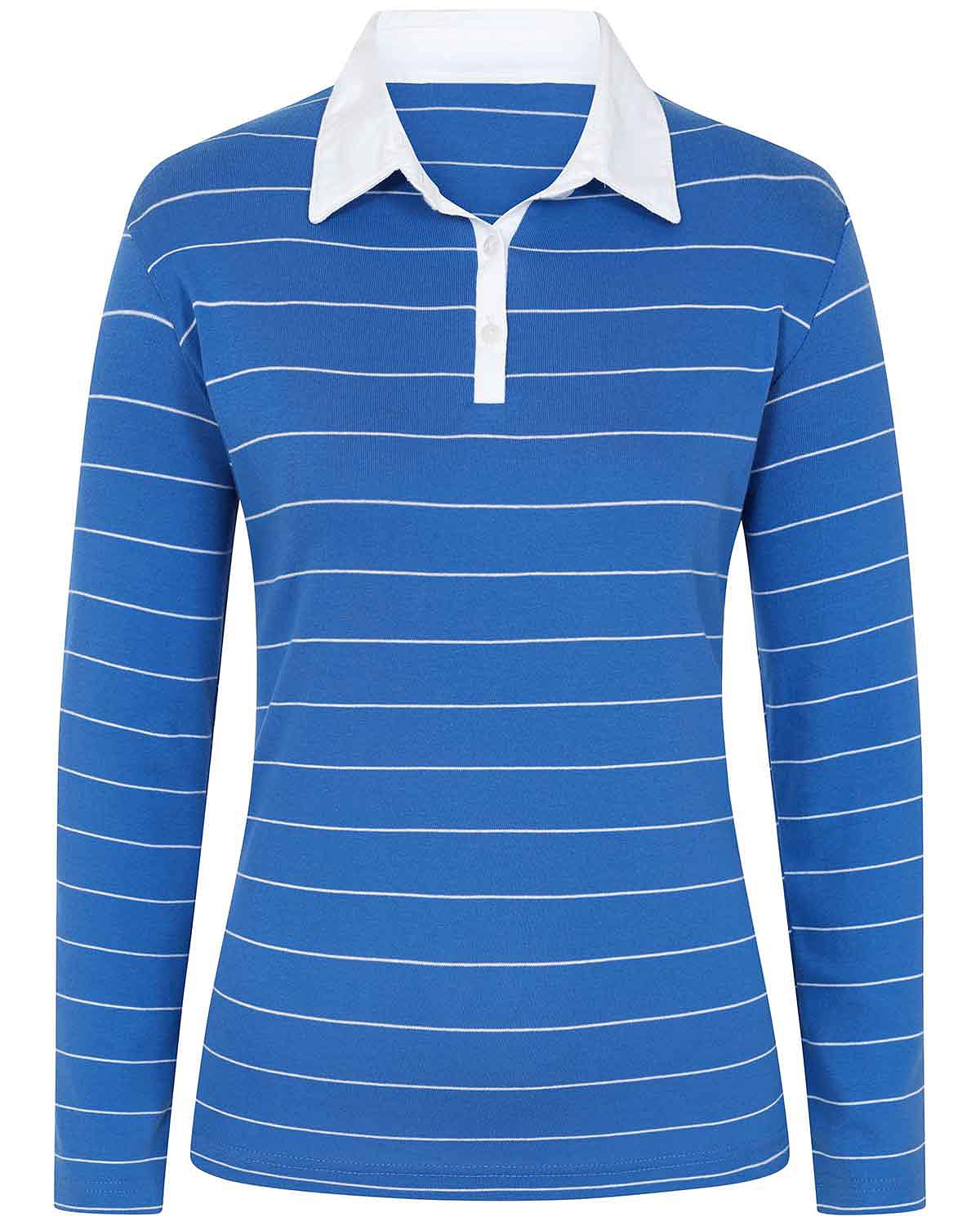 Sarah Sapphire Striped Long Sleeve Cotton Polo Top - Image 3 - Country Collection