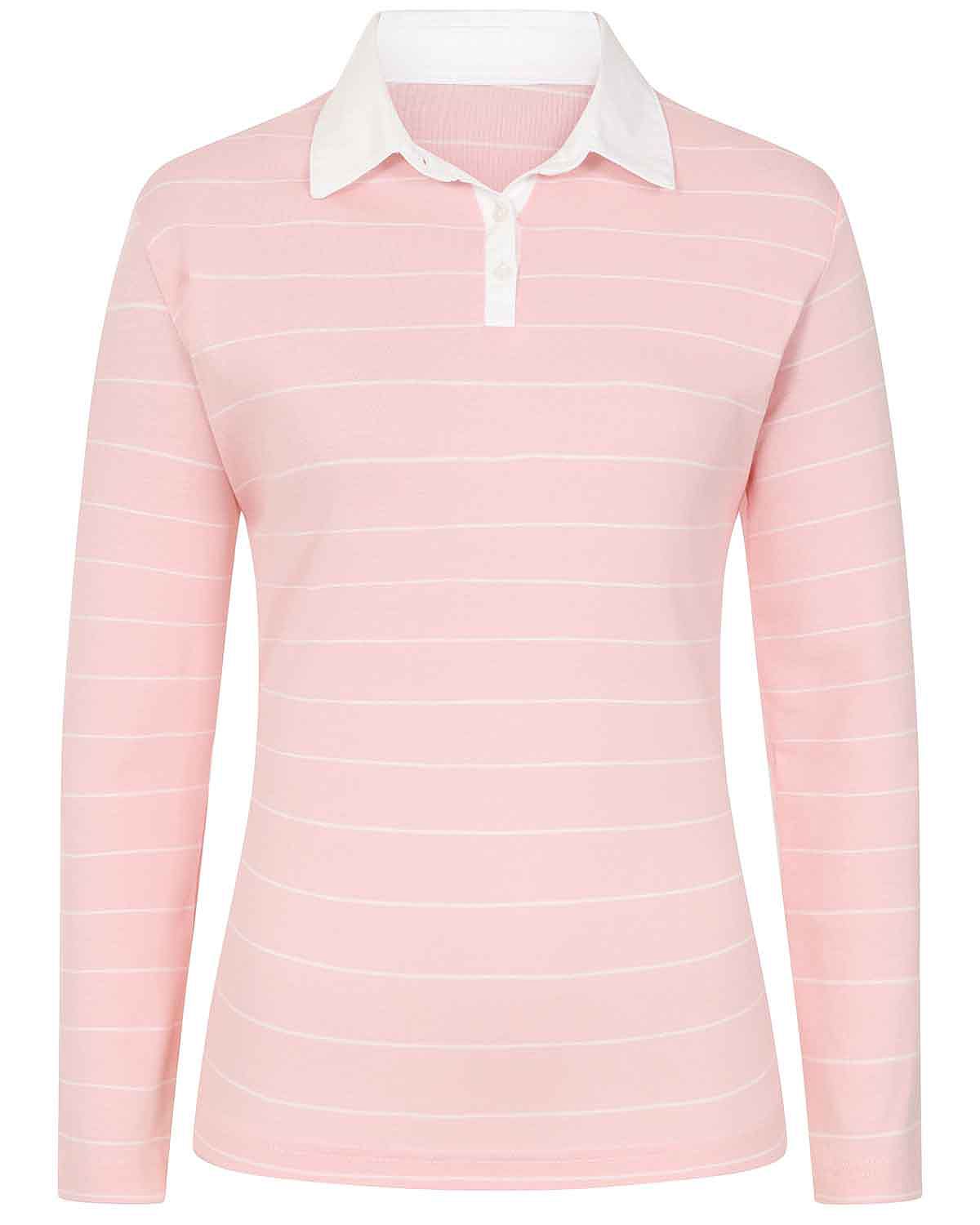 Sarah Pale Pink Striped Long Sleeve Cotton Polo Top - Image 3 - Country Collection