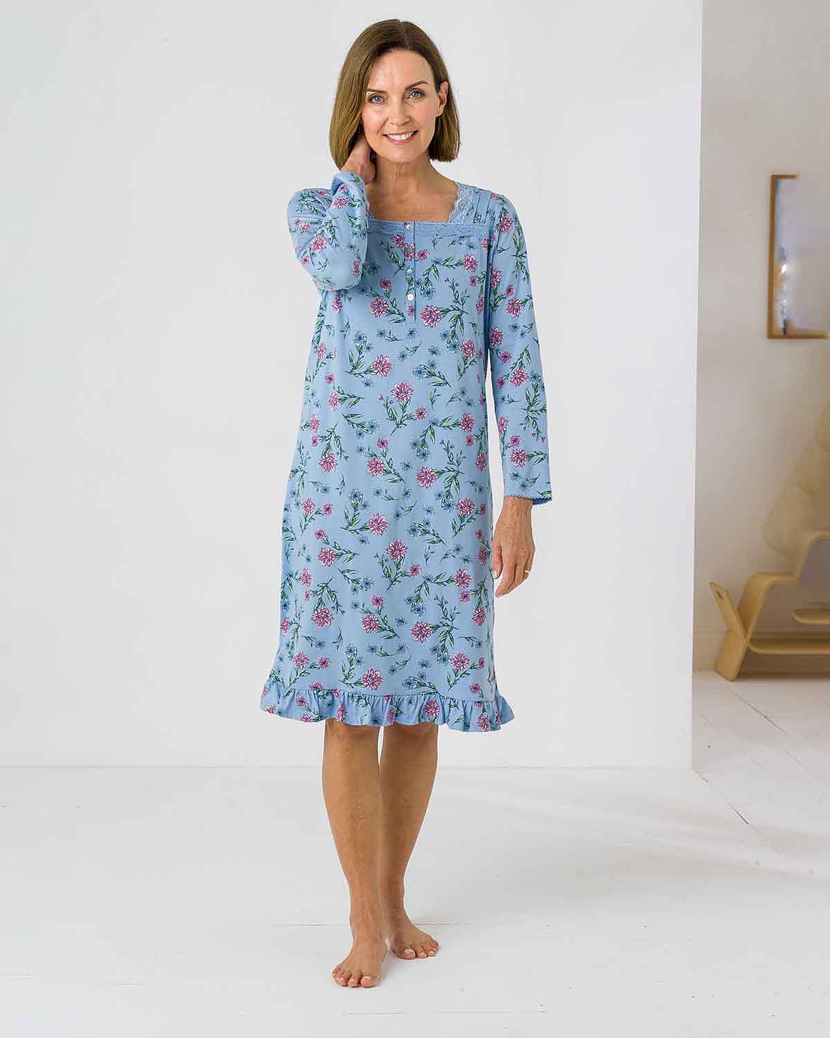 Caroline Floral Long Sleeve Cotton Jersey Nightdress - Country Collection