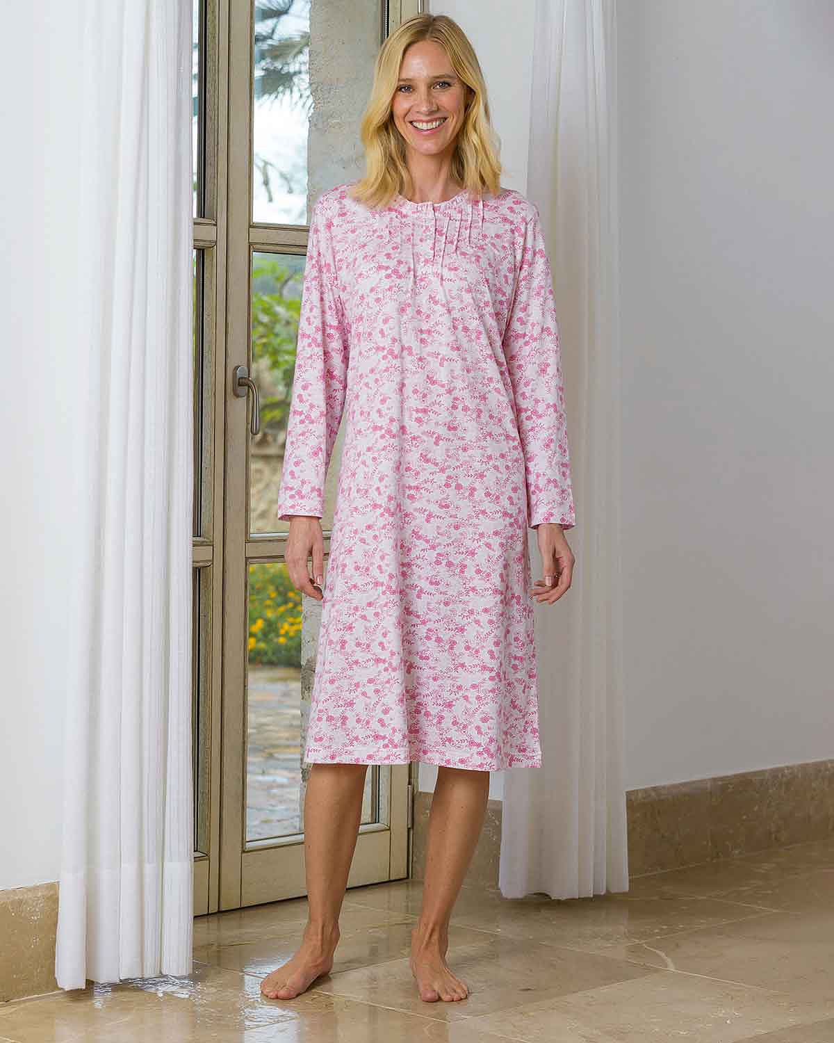 Lillian Floral Long Sleeve Cotton Jersey Nightdress - Country Collection