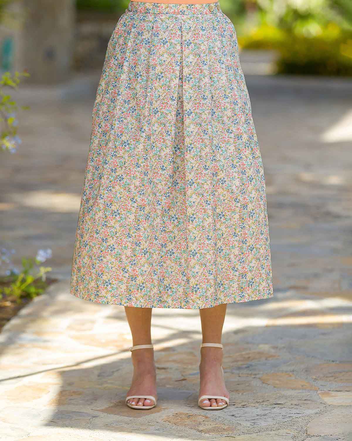 Libby Floral Pure Cotton Soft Pleated Lined Skirt - Country Collection