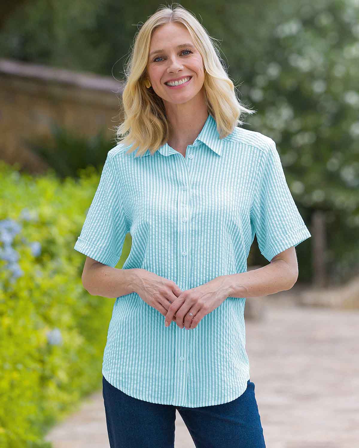 Maryanne Striped Cotton Mix Short Sleeve Blouse - Turquoise - Country Collection