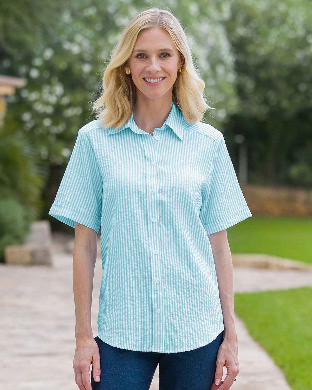 Maryanne Turquoise Striped Cotton Mix Short Sleeve Blouse - Image 2 - Country Collection