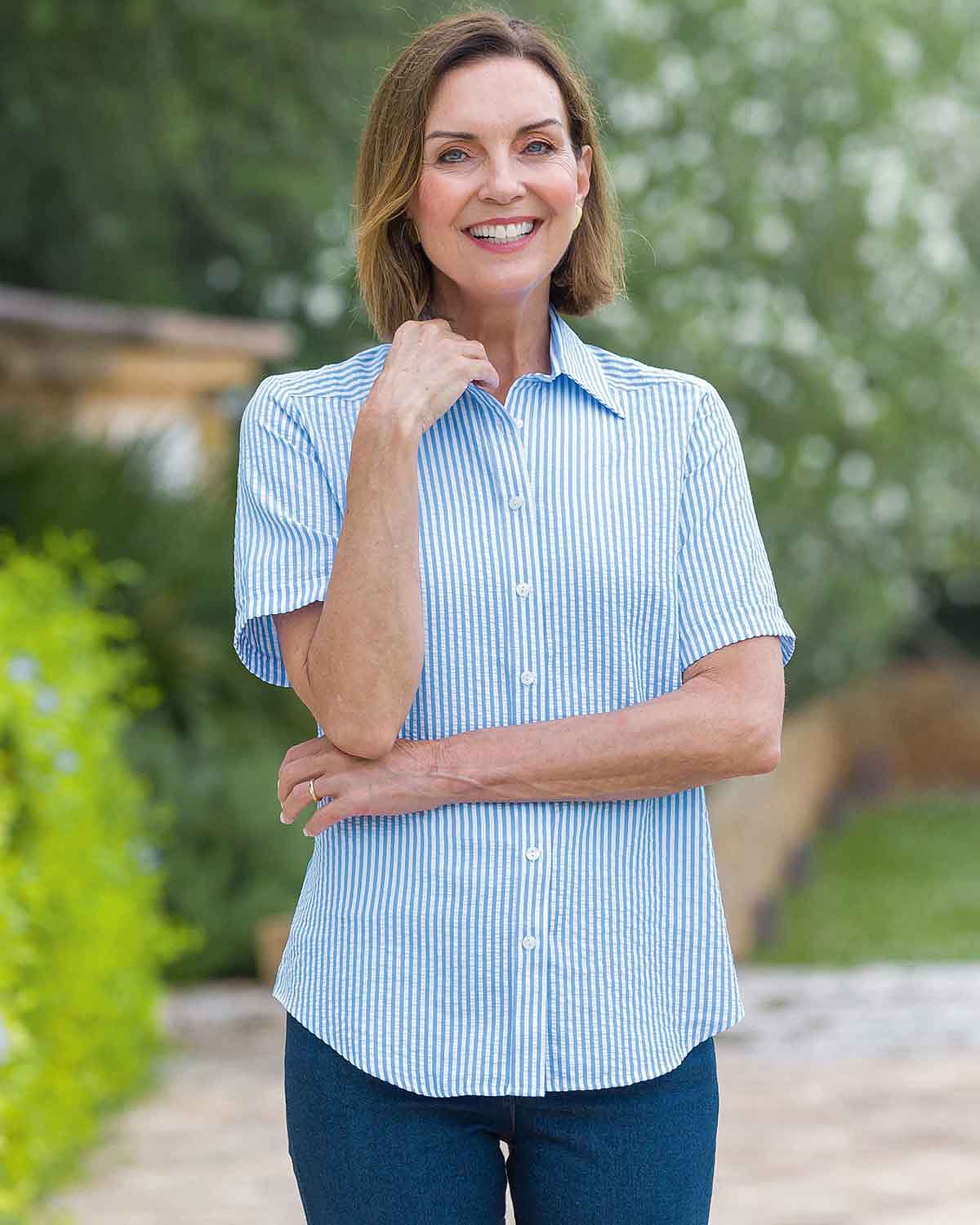 Maryanne Striped Cotton Mix Short Sleeve Blouse - Blue - Country Collection