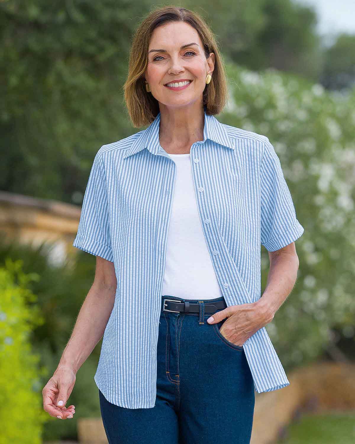 Maryanne Blue Striped Cotton Mix Short Sleeve Blouse - Image 2 - Country Collection
