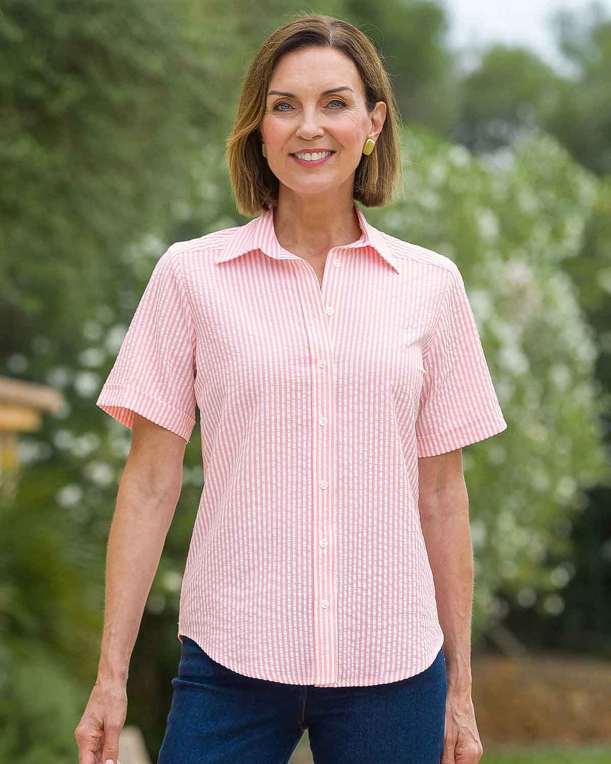 Maryanne Pink Striped Cotton Mix Short Sleeve Blouse - Image 2 - Country Collection