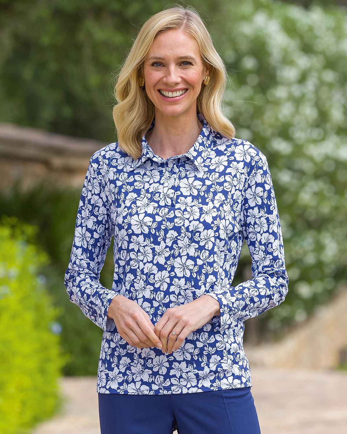 Myrtle Floral Cotton Long Sleeve Polo Top - Country Collection