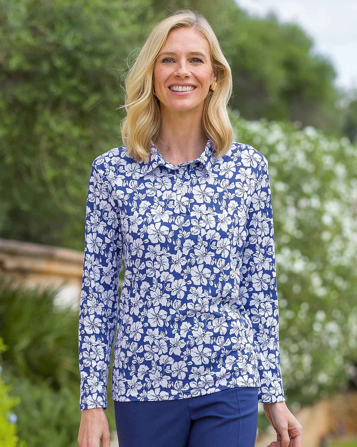 Myrtle Floral Cotton Long Sleeve Polo Top - Image 2 - Country Collection