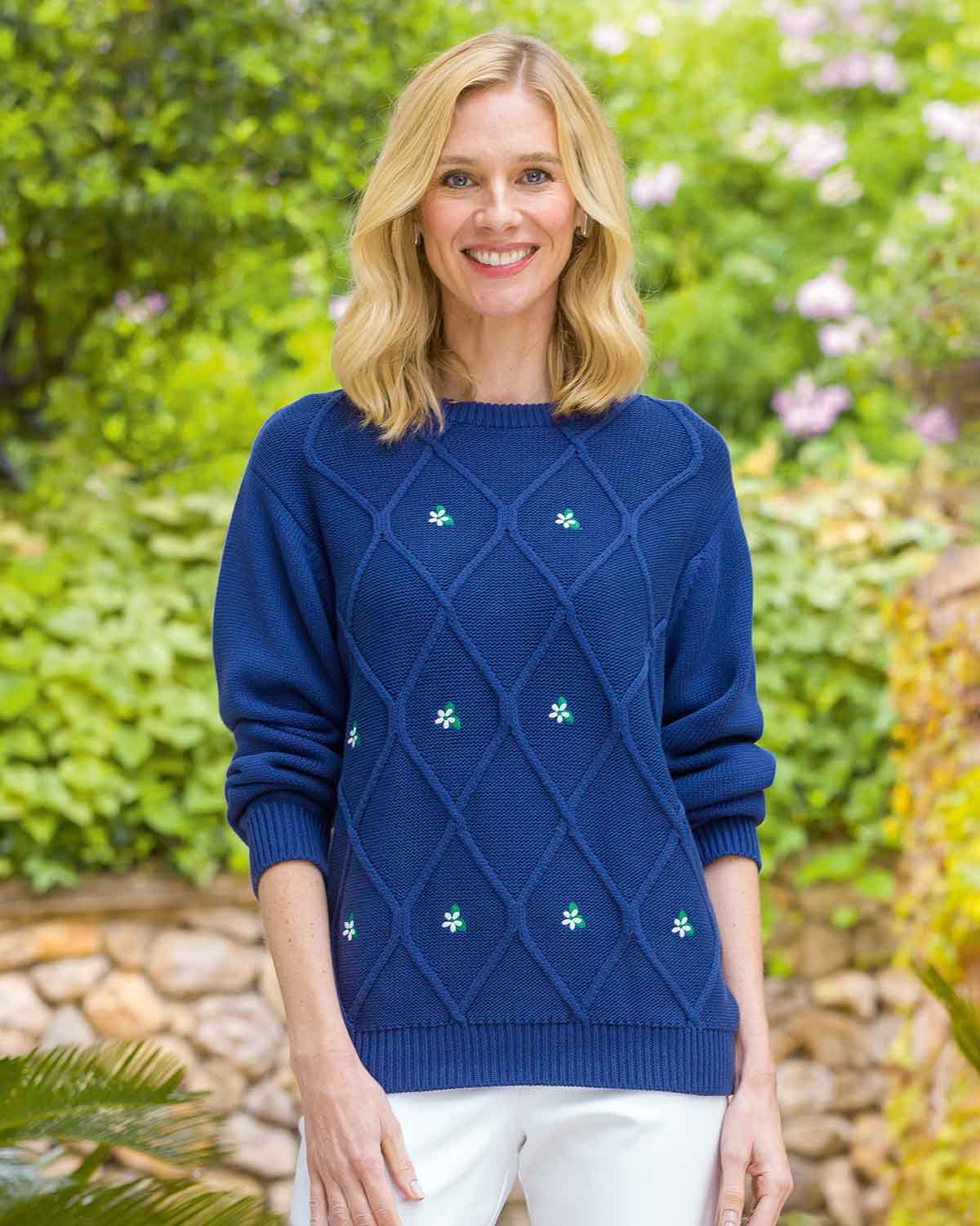 Vida Floral Embroidered Pure Cotton Sweater - Navy