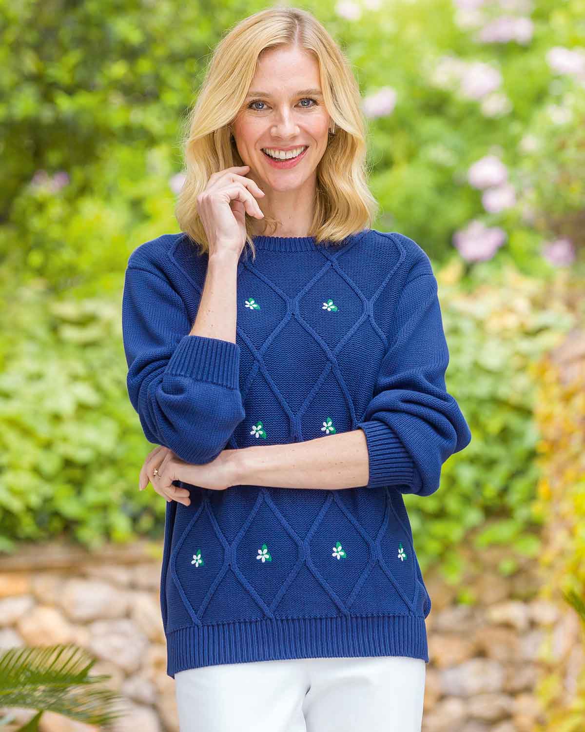 Vida Floral Embroidered Pure Cotton Sweater - Navy