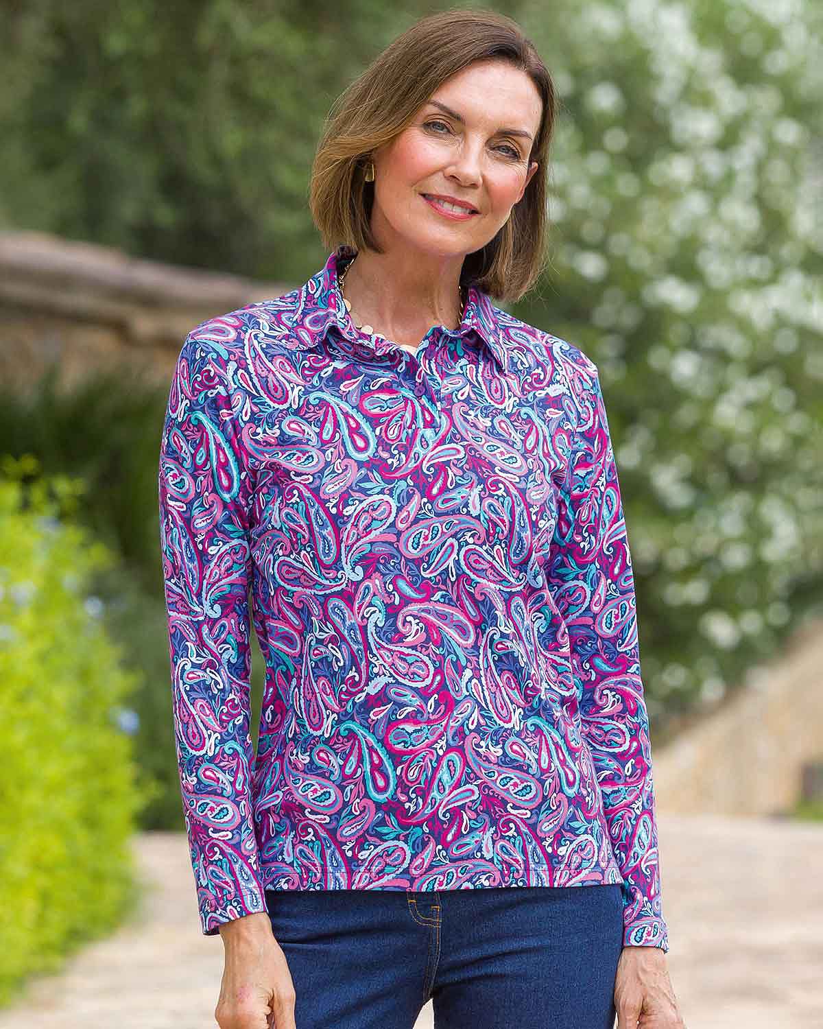 Pandora Patterned Cotton Long Sleeve Polo Top - Country Collection