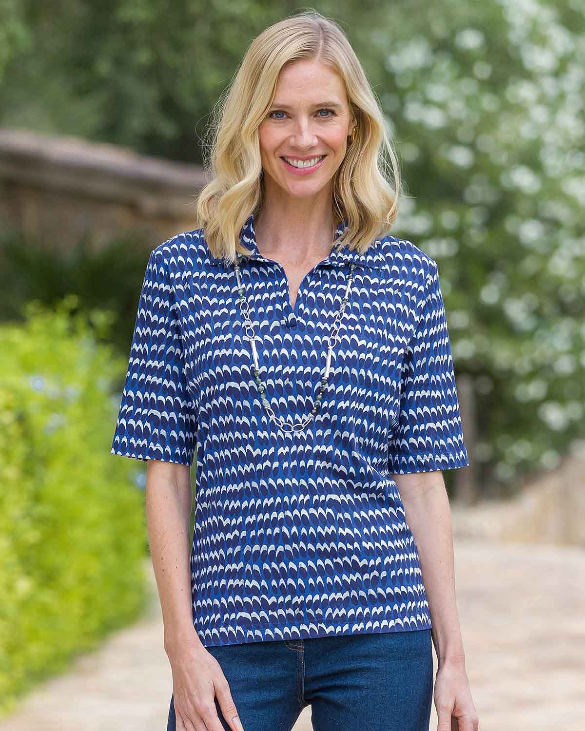 Leonie Patterned Cotton Short Sleeved Polo Top - Country Collection